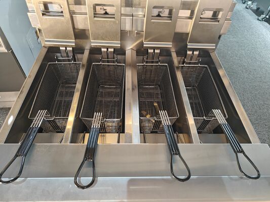 OFE-H413 Auto Lift 4 Pots 4 Baskets Digital Computer Panel With Oil Filter System 28kw Electric&Gas Open Deep Fryer